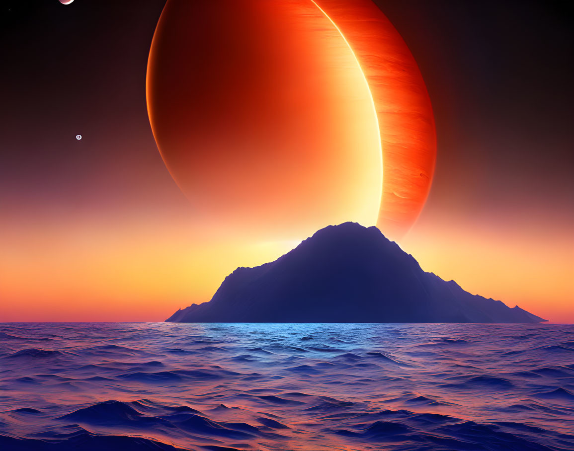 Surreal seascape with towering mountain island and oversized planet.