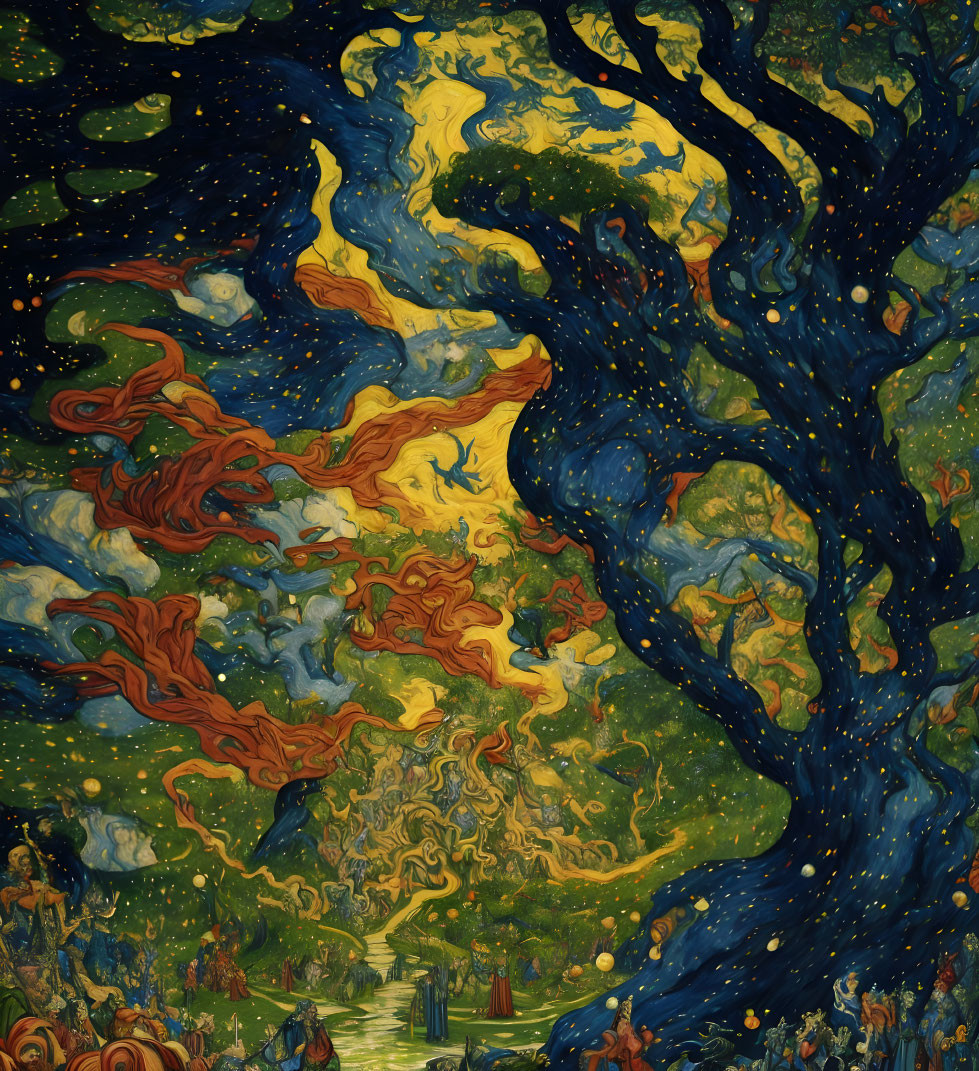 Colorful Van Gogh-inspired painting with swirling starry sky, blue tree, and whimsical landscape