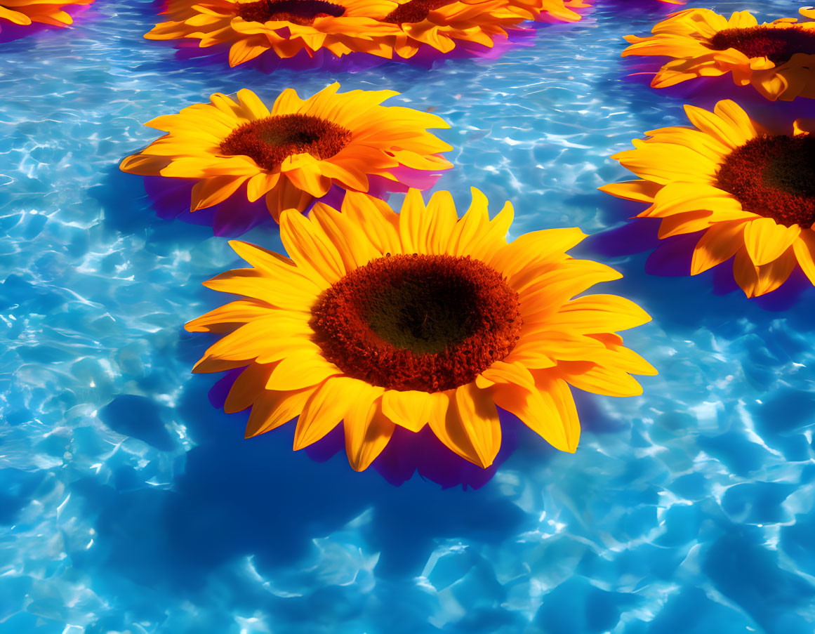 Sunflowers floating on shimmering blue pool surface