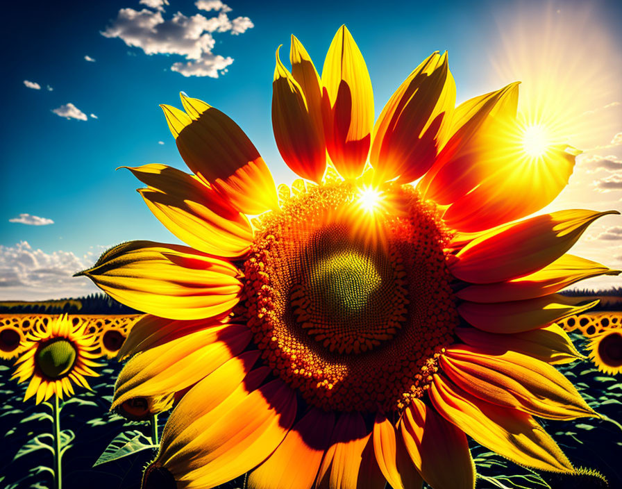 Bright yellow sunflower in field under clear blue sky