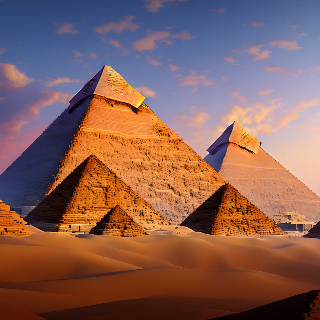 Iconic Great Pyramids of Giza at sunset casting desert shadows