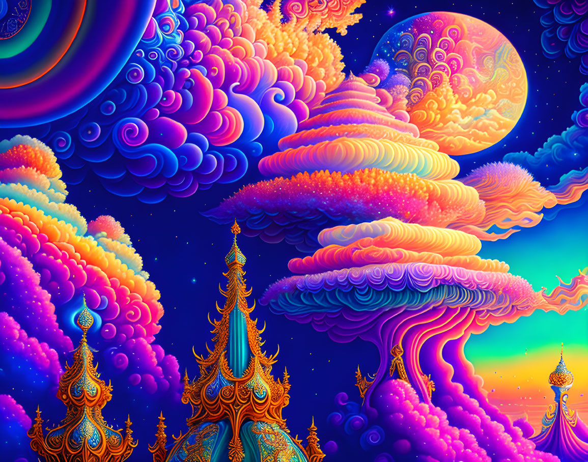 Colorful psychedelic landscape with whimsical clouds and ornate towers