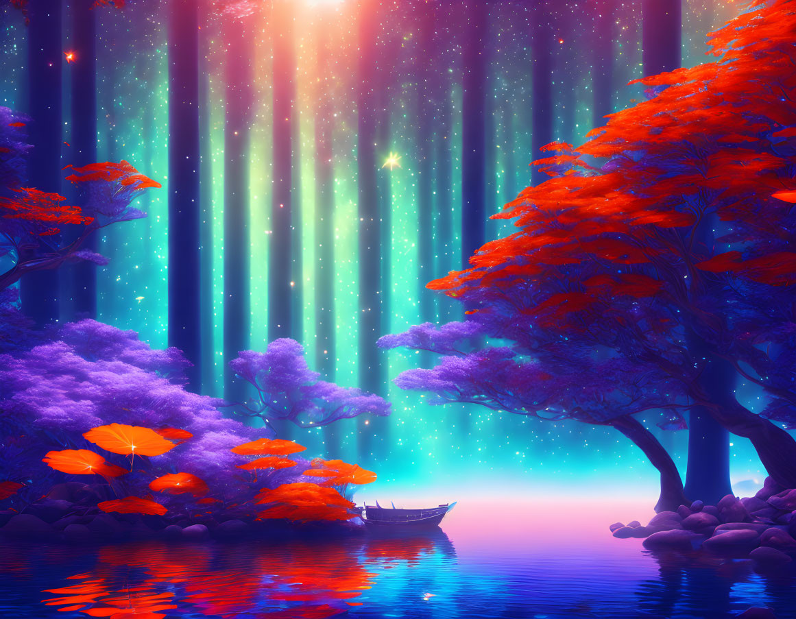 Vibrant orange trees, calm lake, boat, aurora: serene fantasy landscape