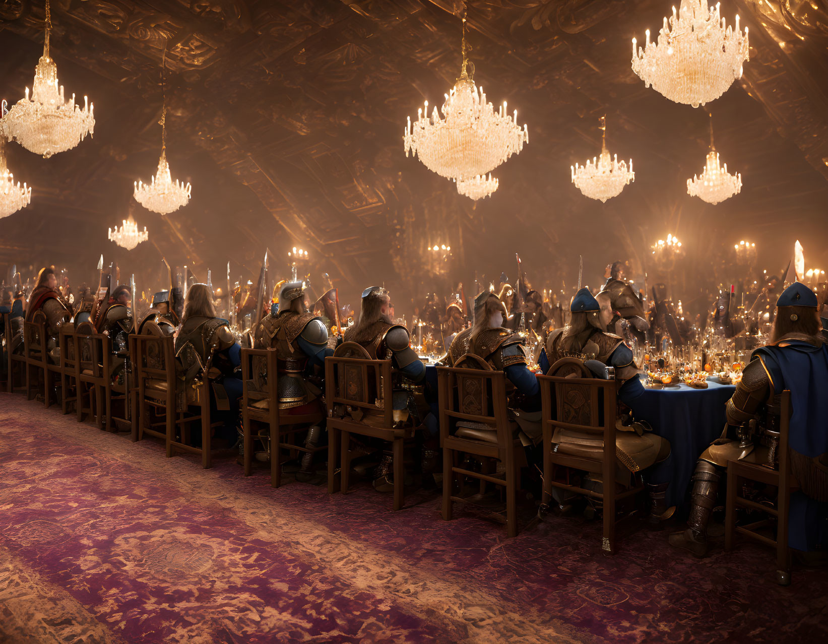 Medieval banquet hall with armored knights feasting under chandeliers