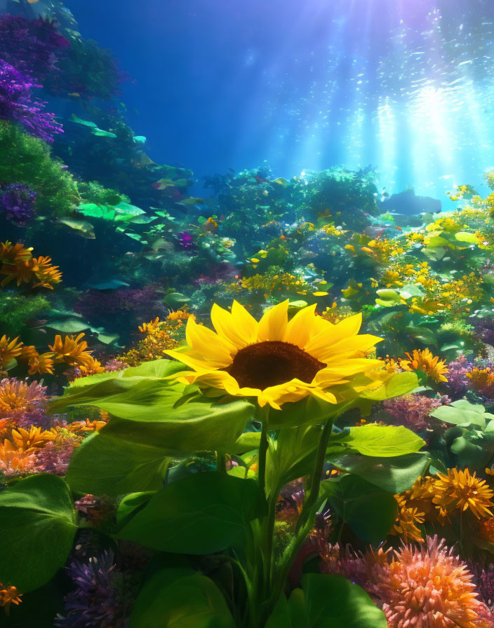 Colorful underwater scene with vibrant sunflower and sunlight piercing through water