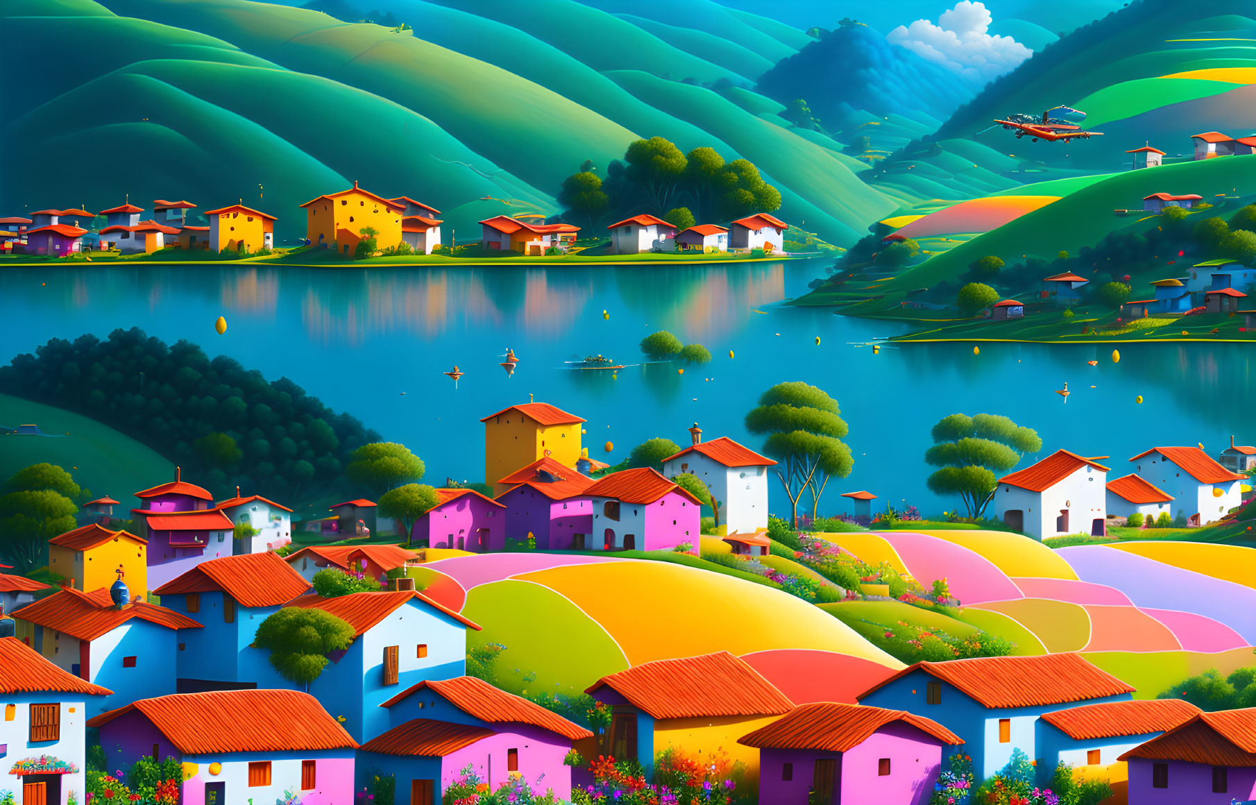 Colorful landscape with multicolored houses, lake, green hills, boats, and flowers