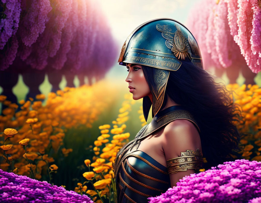 Ancient warrior woman in decorated helmet among vibrant flowers