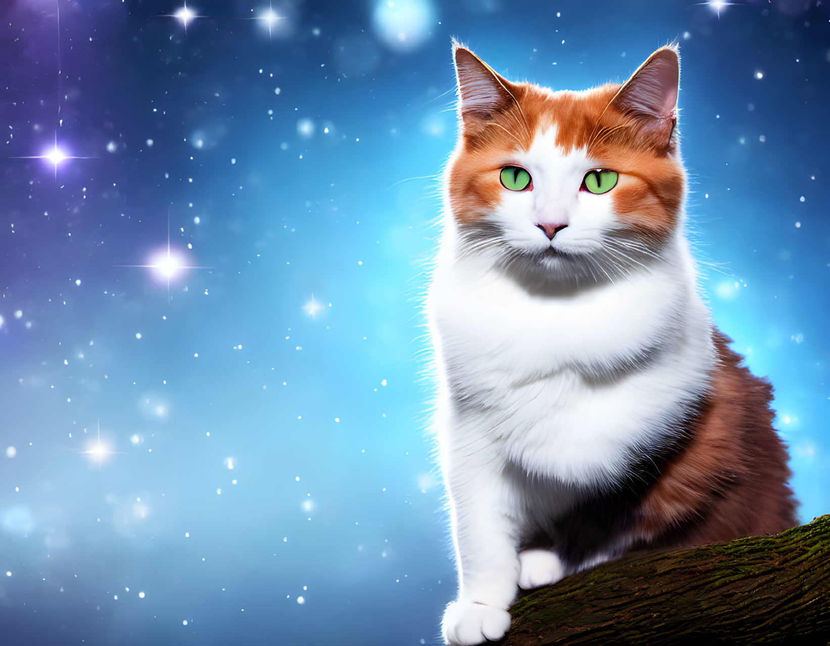 Orange and White Cat with Green Eyes on Star-Lit Blue Background