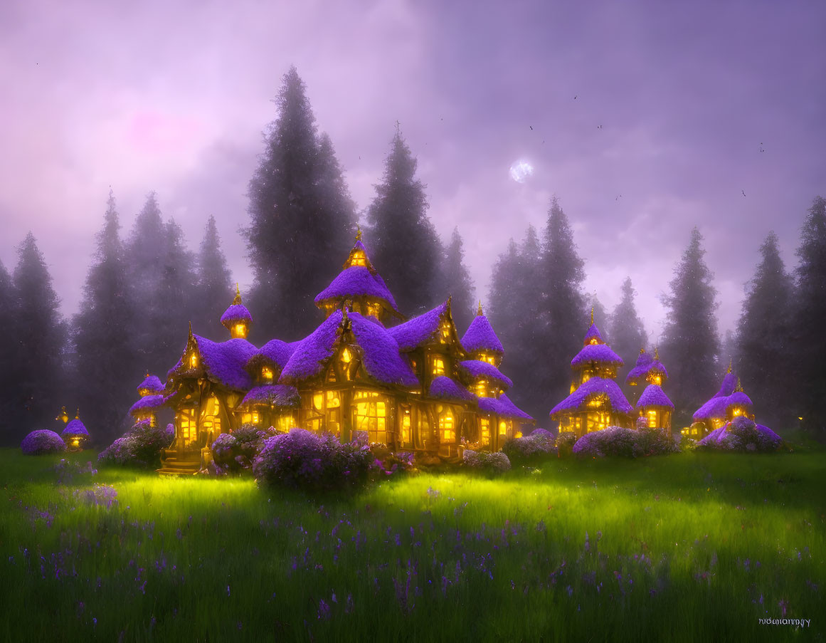 Misty Forest Cottage with Glowing Windows and Twilight Sky