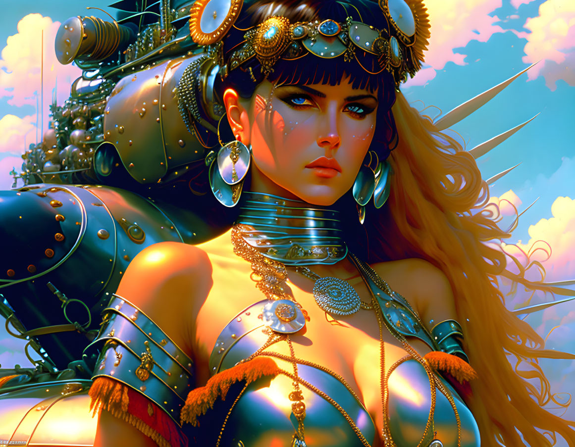 Bronze-skinned female figure with metallic arm and steampunk airship.