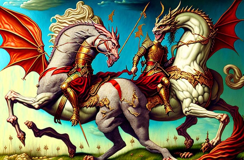 Medieval knight on white horse fights winged dragon in blue sky