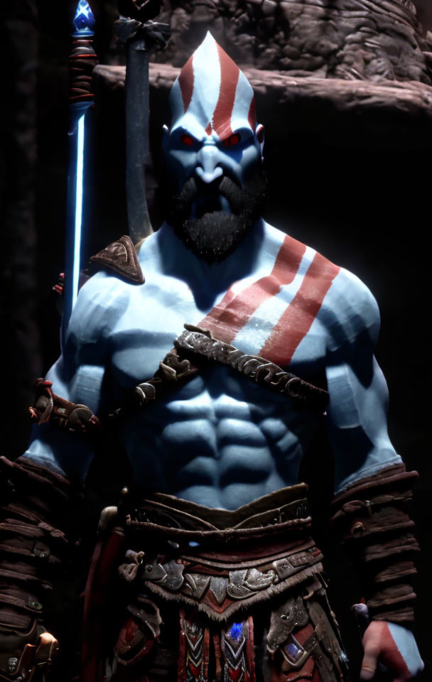 Character with red and white face paint and blue stripe, holding weapon