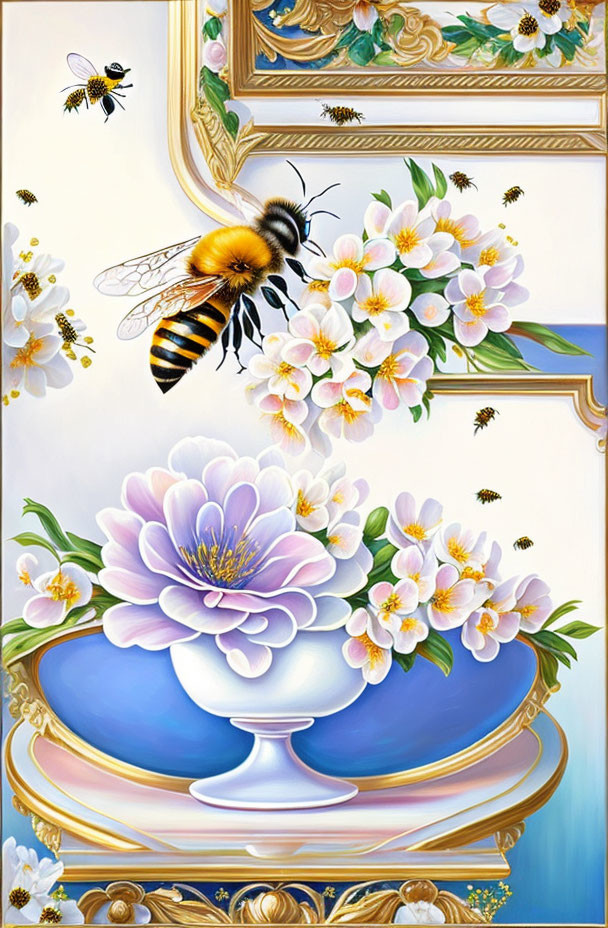 Colorful bee and flowers in blue bowl with gold trim in vibrant image