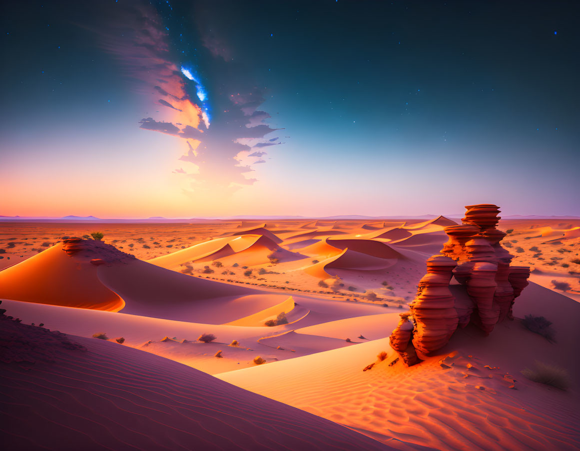 Desert landscape at twilight with orange dunes and rock formations