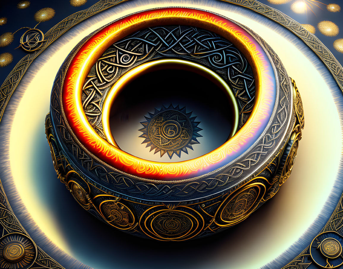 Intricate golden eclipse design on ornate circular object against blue background