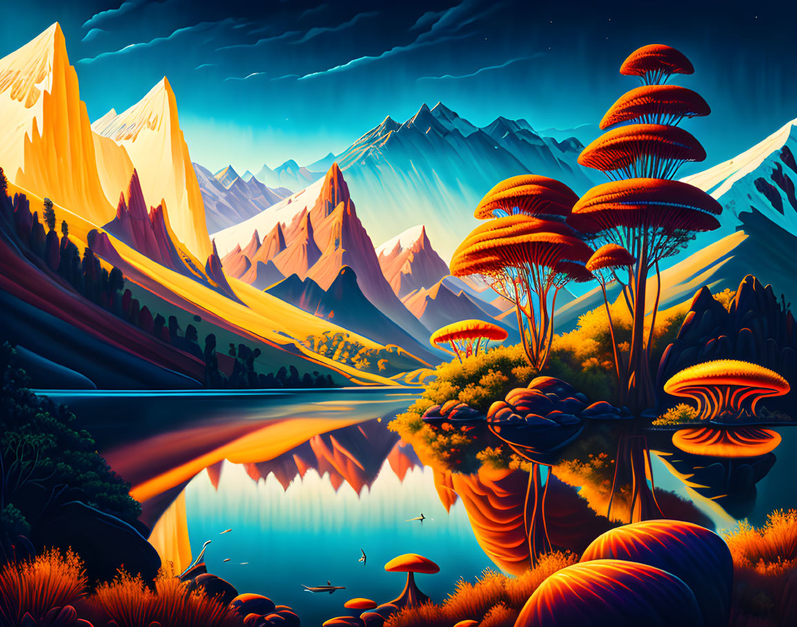 Colorful stylized landscape with golden mountains, red mushroom trees, blue lake, and dusk sky