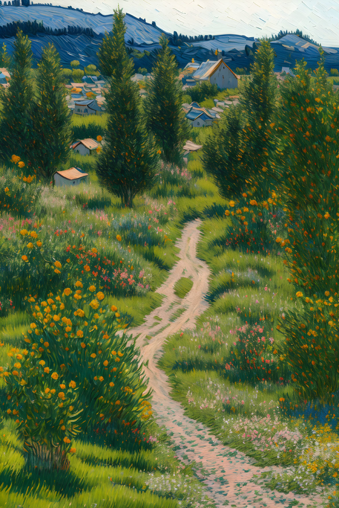 Scenic dirt trail through meadow of wildflowers, trees, and hills