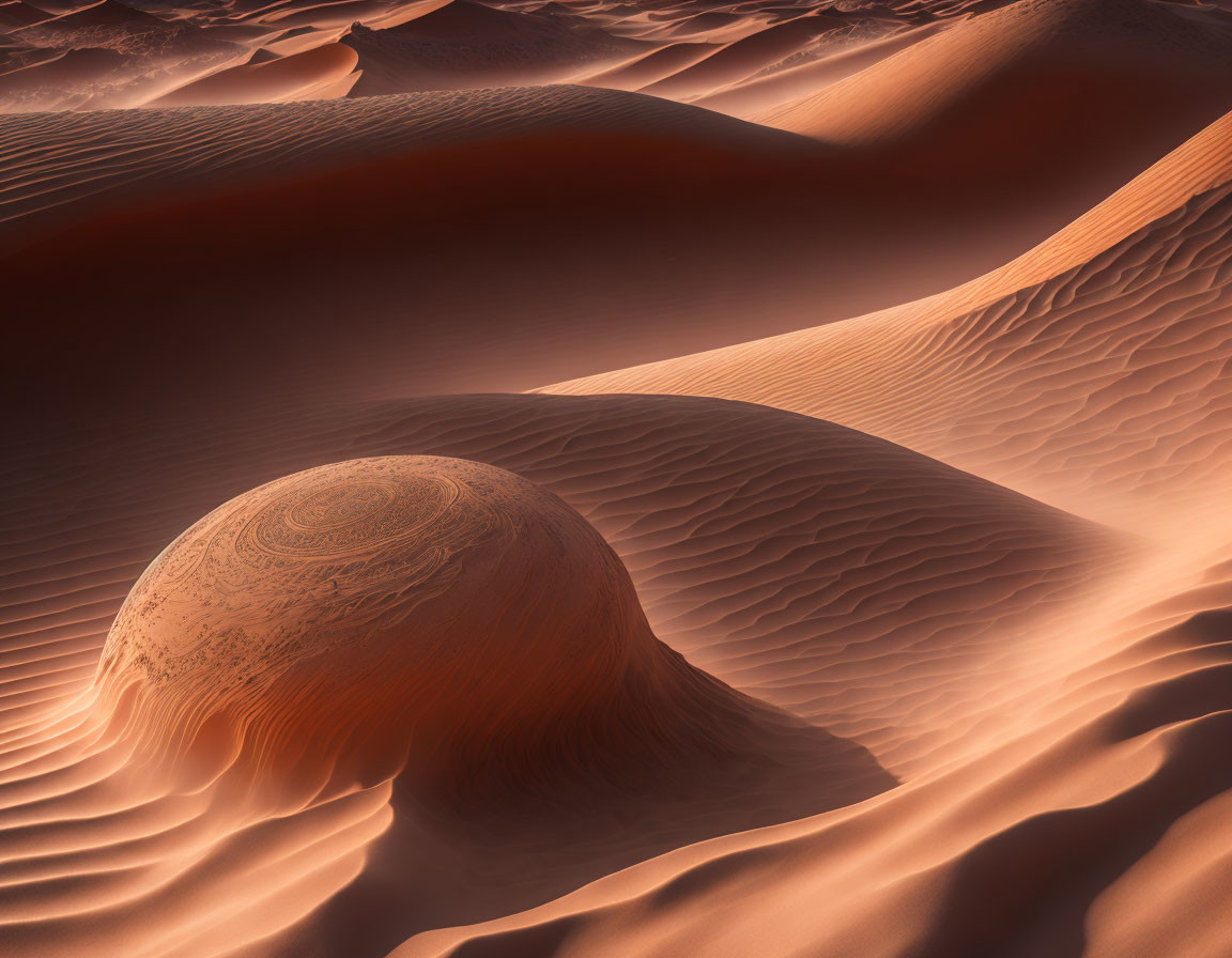 Intricate patterned sphere in desert dunes under soft light