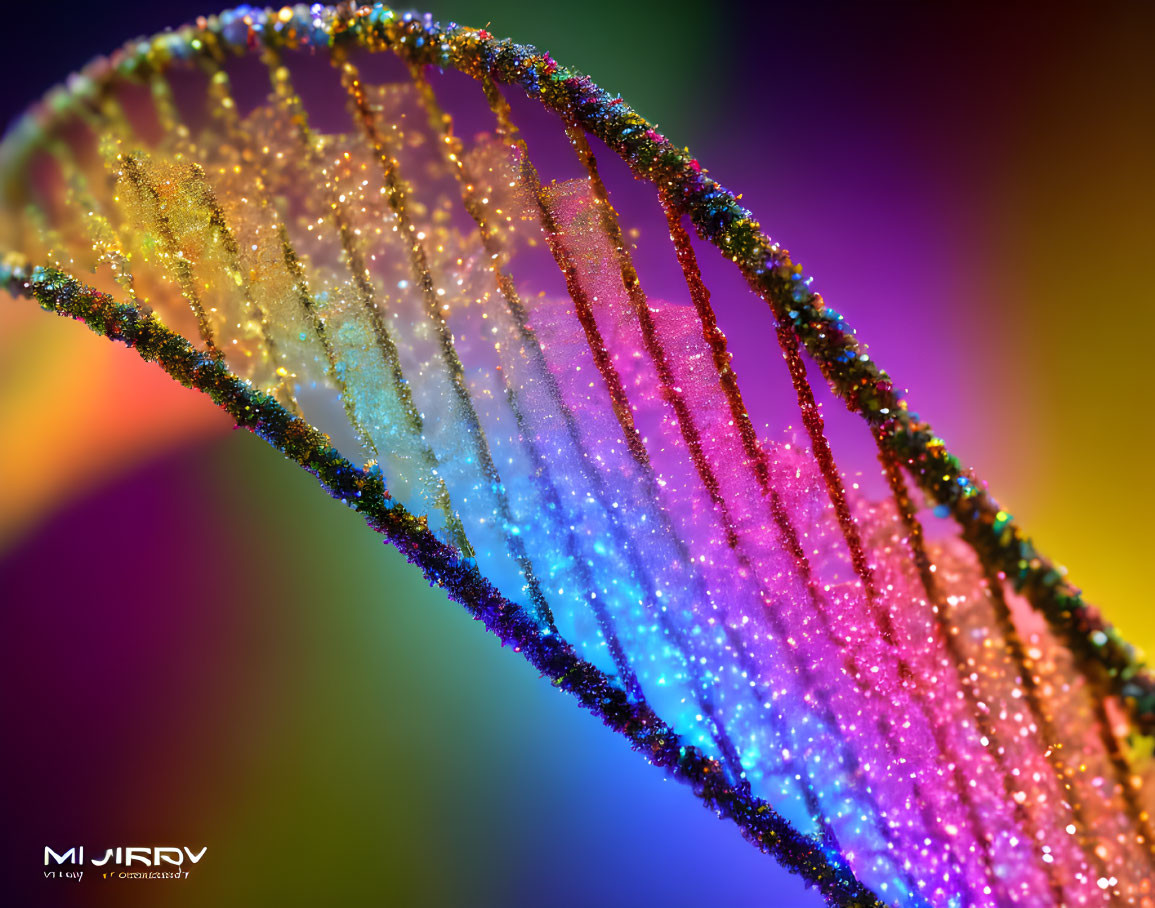 Macro photograph of dew-covered leaf displaying colorful spectrum.