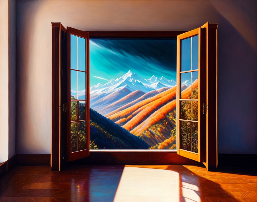 Colorful mountain landscape through open French windows with sunlight on wooden floor