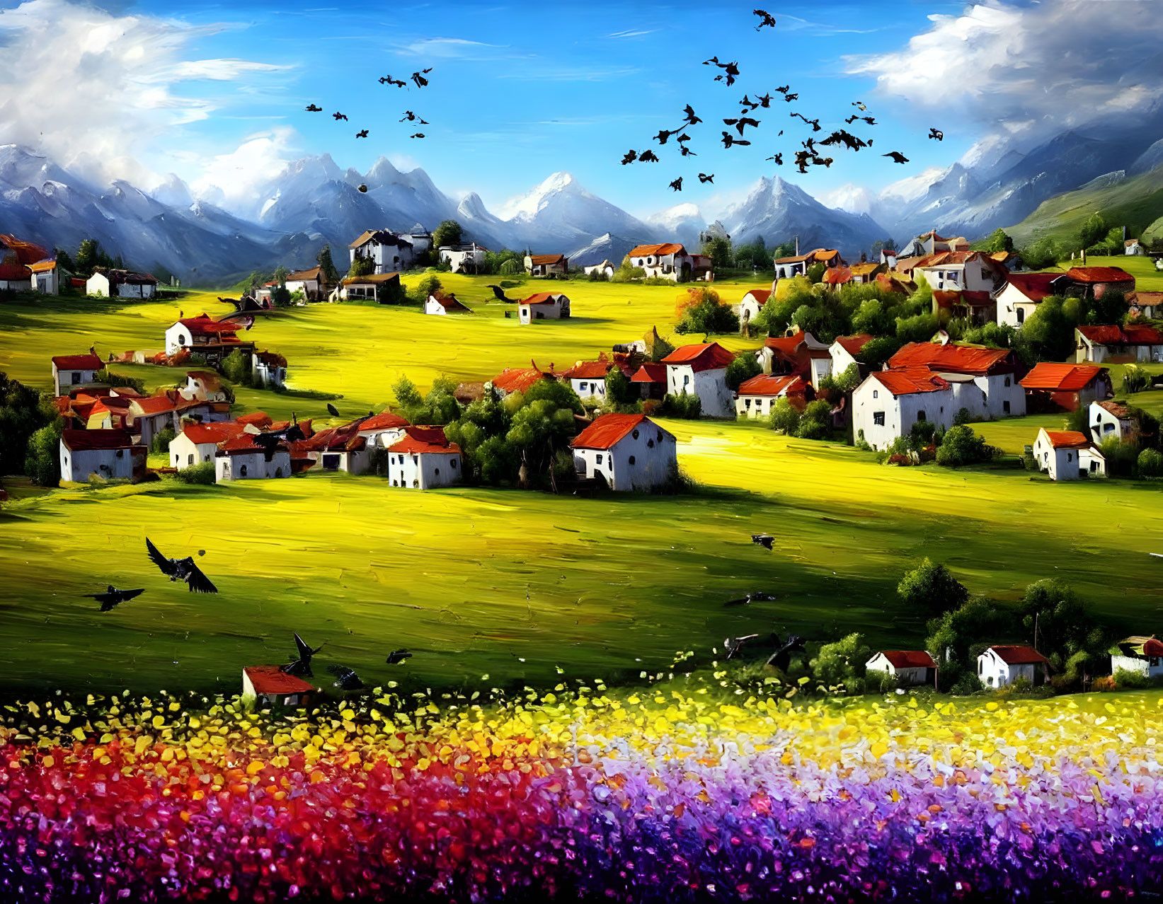 Picturesque rural landscape with colorful flowers, scattered houses, green fields, and mountain backdrop under a bird