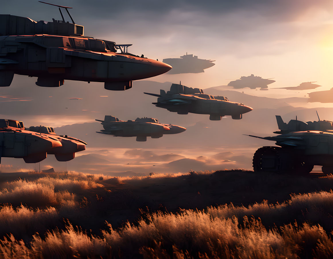 Armored airships in futuristic desert landscape at sunrise.