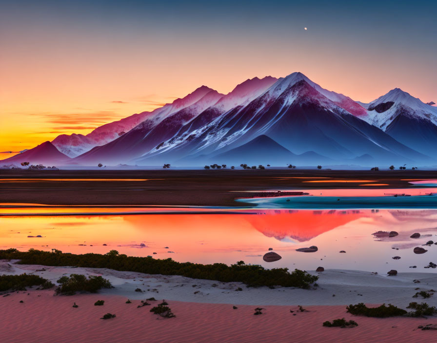 Vivid sunset over snowy mountain landscape with orange and blue hues