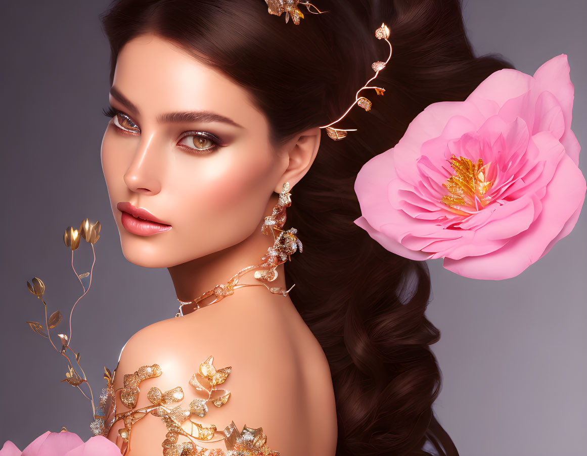 Digital artwork of woman with dark hair and golden floral jewelry, soft gaze, pink flower on gray background