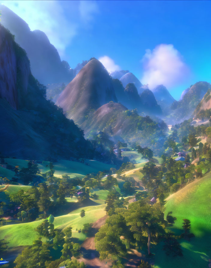 Tranquil valley with greenery, hills, and rocky mountains