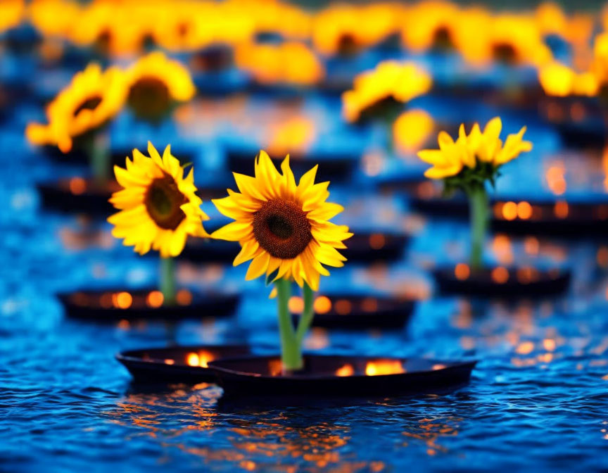 Sunflowers in black bowls on vibrant blue background