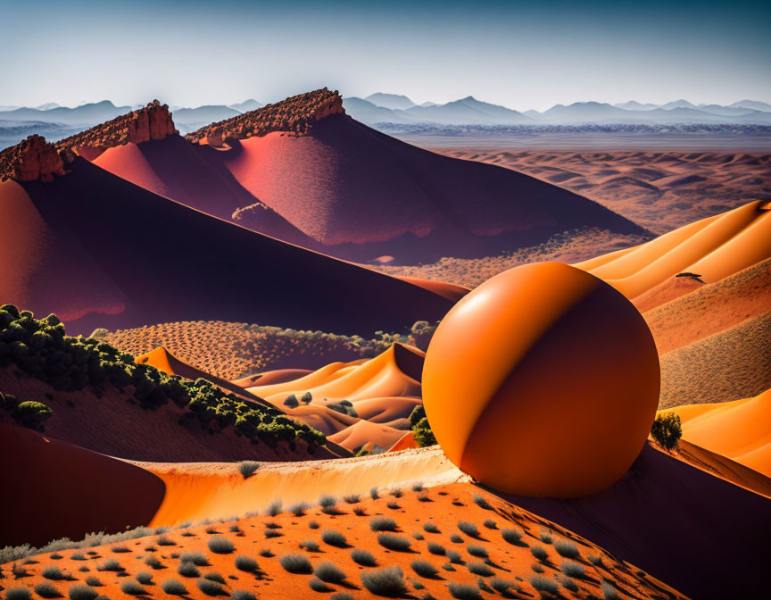 Surreal landscape featuring large orange ball on sand dunes and mountain backdrop