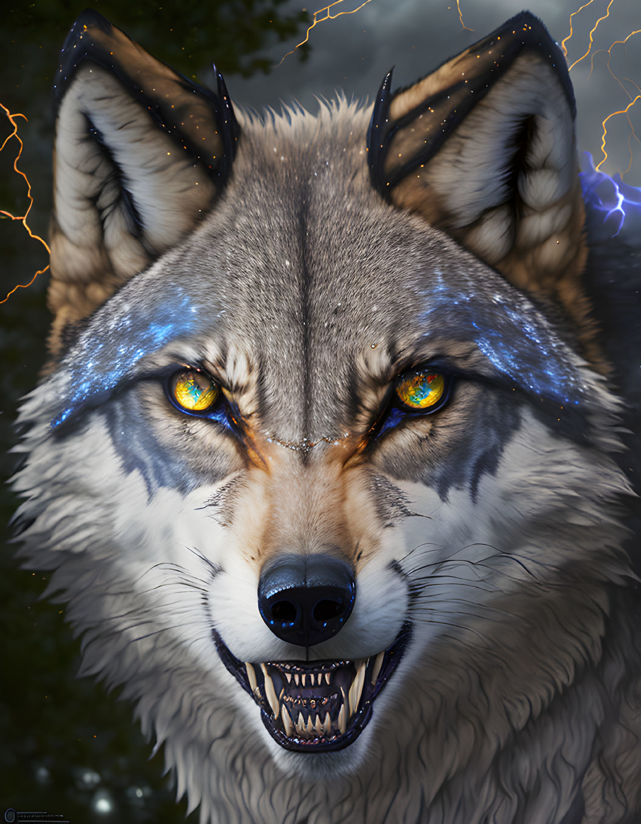 Digital art: Wolf face with glowing eyes, lightning ears, starry fur on dark background