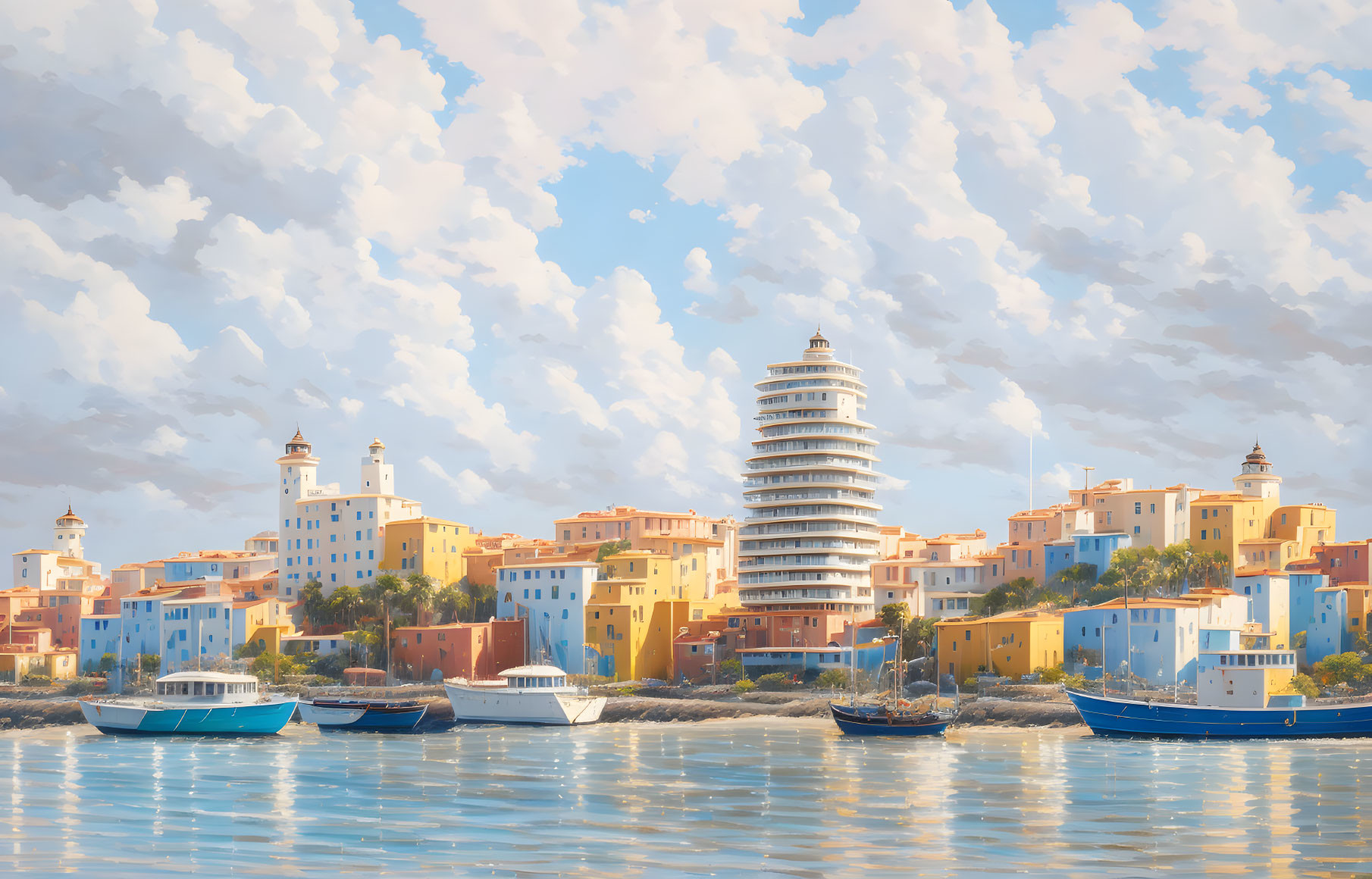 Colorful Coastal Town with Modern Tower & Boats in Blue Sky