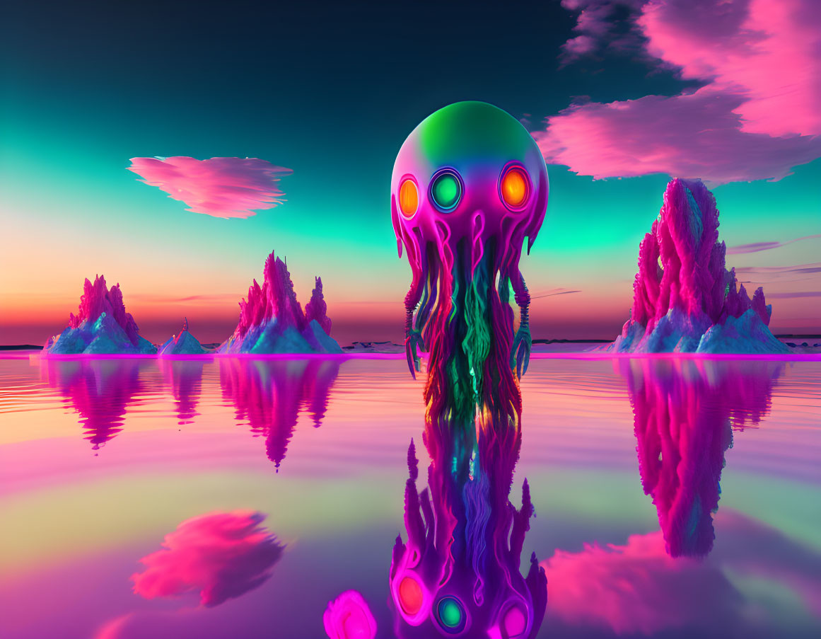 Colorful surreal digital artwork: Jellyfish entity above mirror water