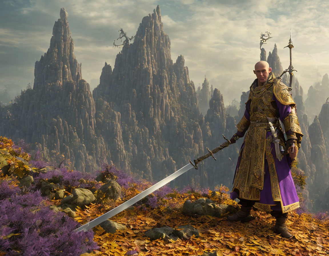 Bald warrior in purple armor wields sword in fantasy landscape