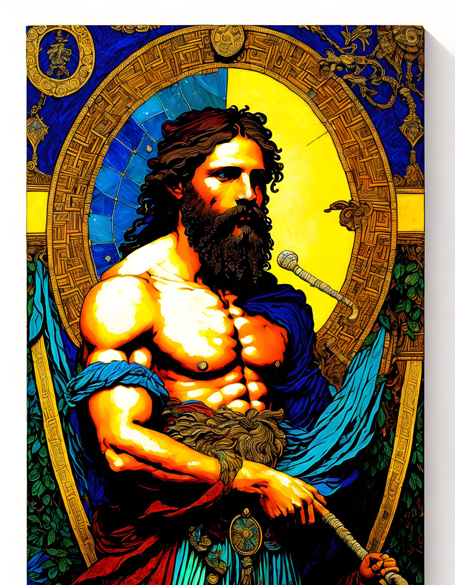 Bearded masculine figure with halo and sword in vivid stained glass style