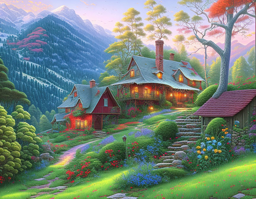 Cozy cottage in vibrant garden with twilight mountains.