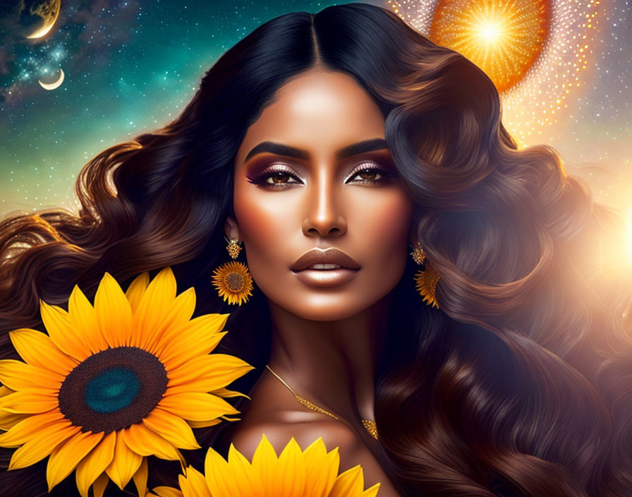 Digital portrait of woman with flowing hair, sunflower decorations, and cosmic backdrop