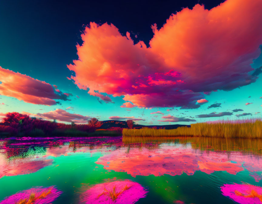 Colorful surreal landscape with pink clouds and reflective water