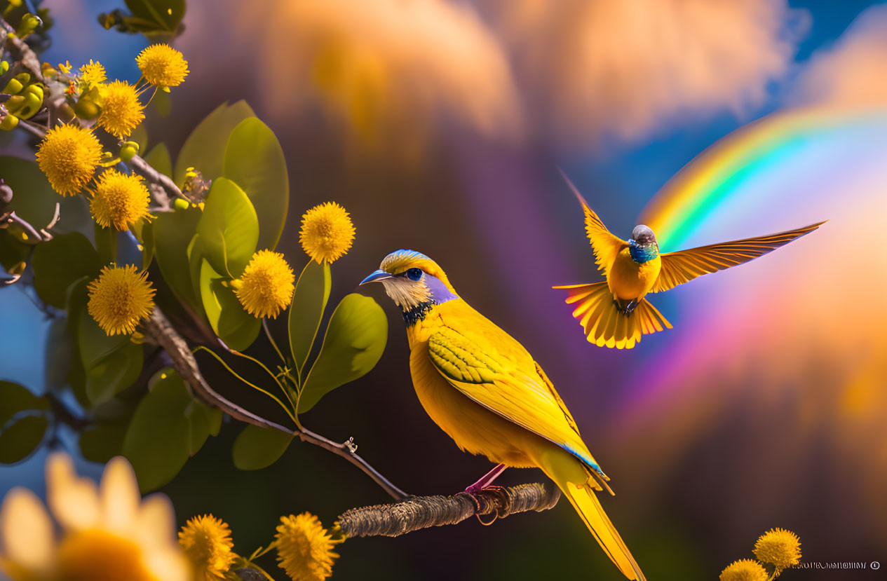 Two yellow birds in a floral setting with rainbow and clouds