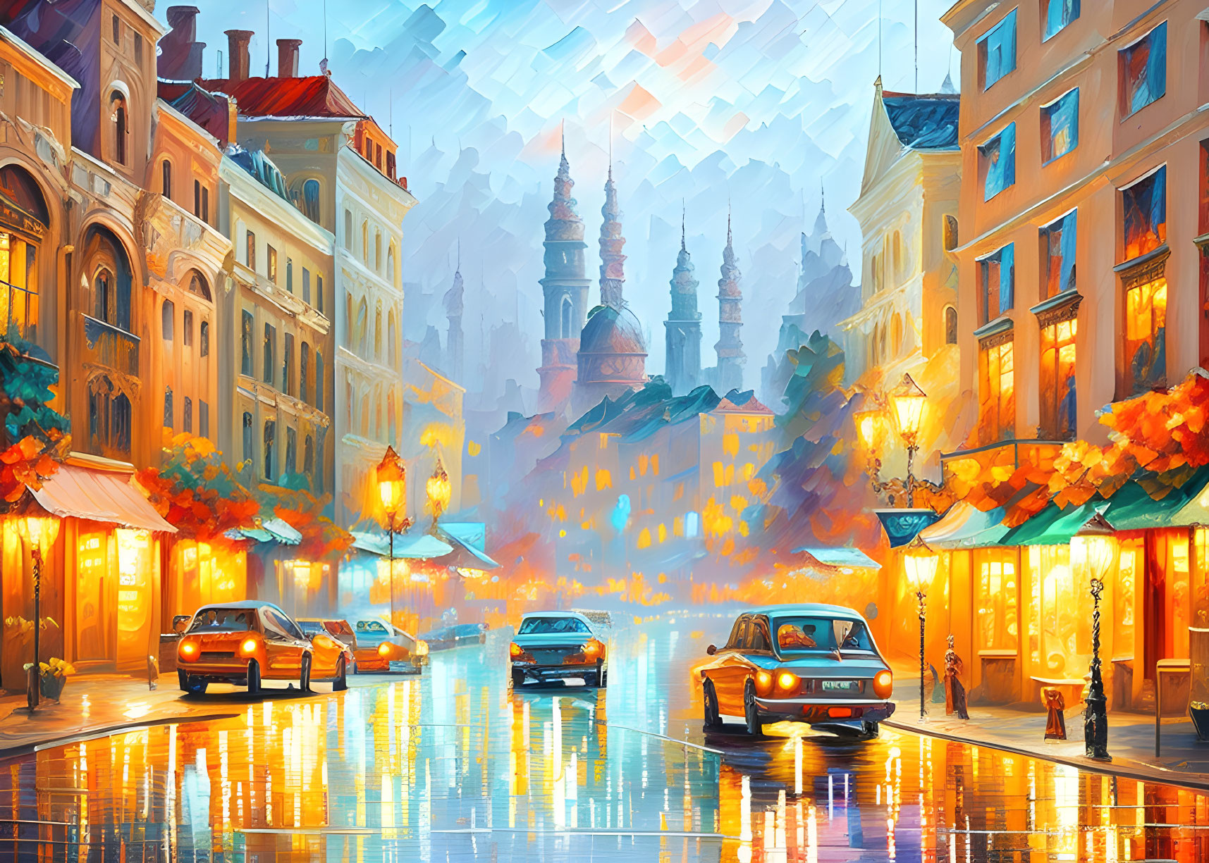 Twilight street scene with rain-soaked ambiance