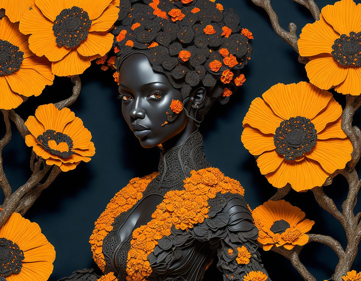 Woman adorned with orange flowers in surreal floral background