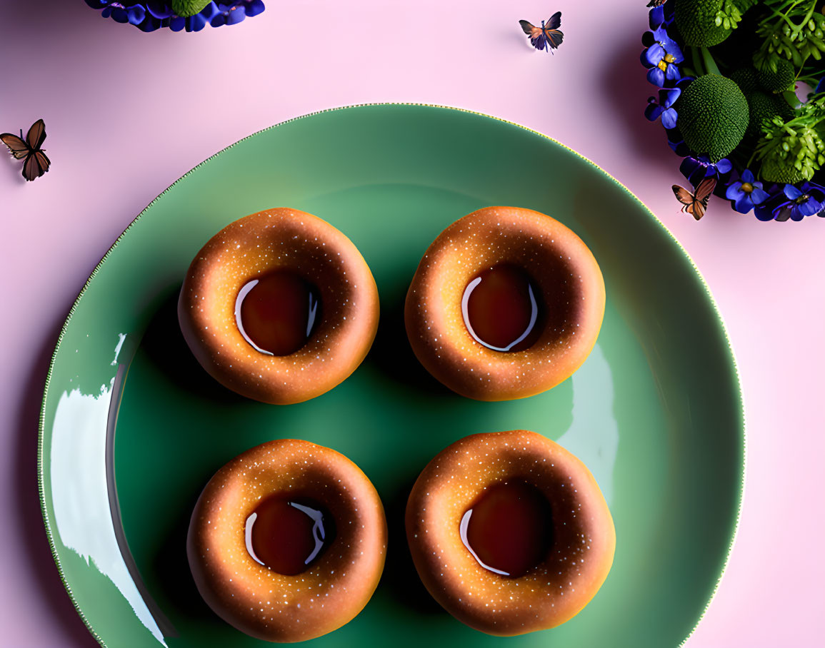 Caramel-Glazed Doughnuts on Green Plate with Flowers and Butterflies