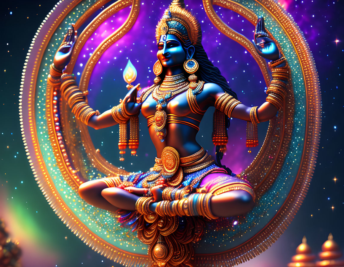 Digital artwork of Hindu goddess Durga with eight arms in cosmic setting