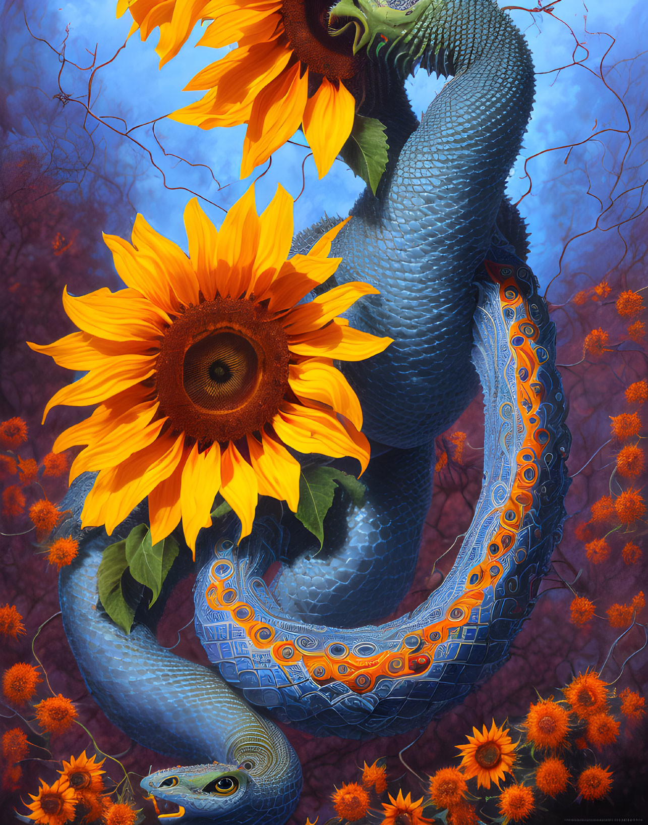 Blue serpent with orange patterns among sunflowers in mystical forest