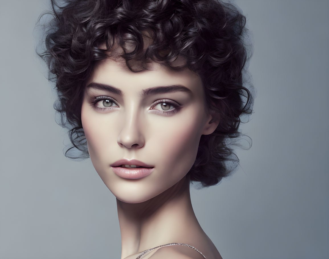 Portrait of Woman with Curly Hair and Striking Eyes on Neutral Background