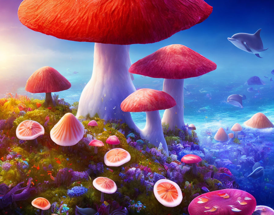 Colorful fish, red mushrooms, and whale in vibrant underwater scene