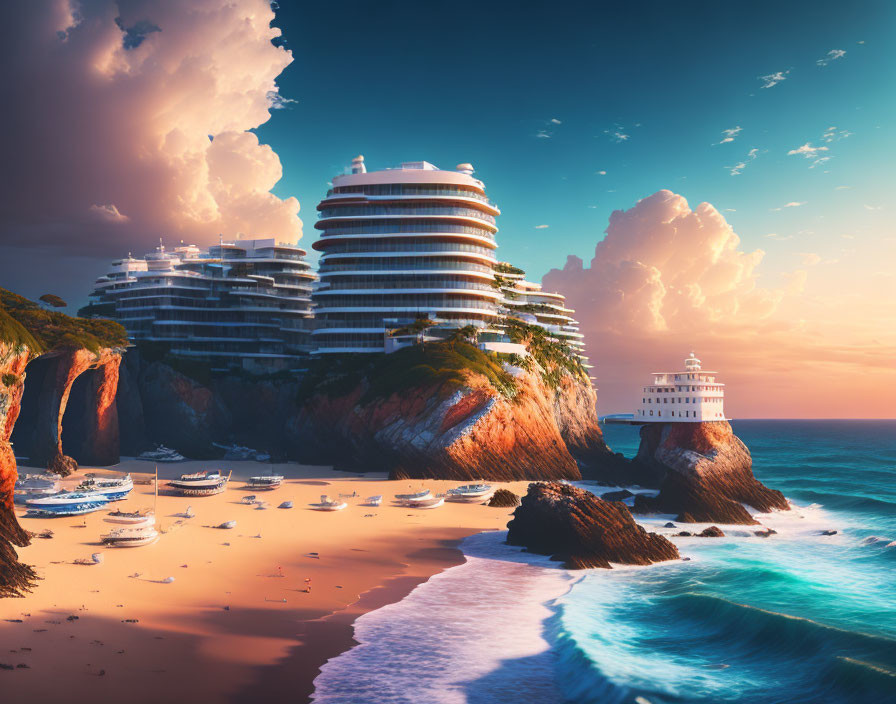 Luxury cliffside hotel overlooking beach with yachts and sunset.