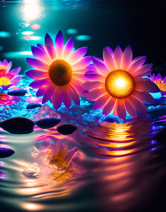 Colorful digital artwork: Flowers with illuminated centers on water under night sky