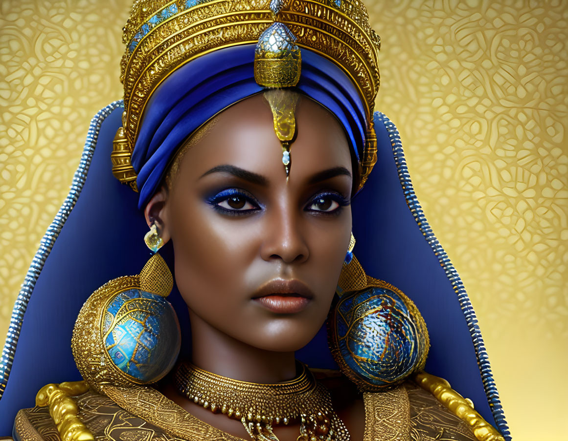 Regal woman with striking makeup and blue & gold headdress & jewelry